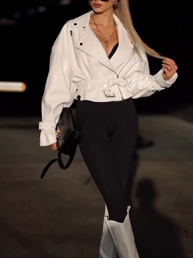 Chic Solid Color Leather Cropped Jacket – Women's Elegant Casual Street Style