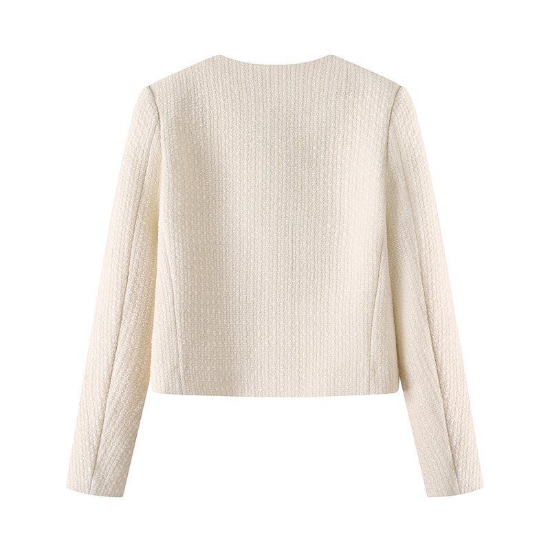 Retro French Style Crew Neck Coat – Women's Elegant Casual Ribbon Detail Jacket