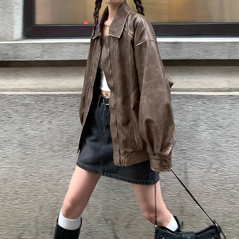 Vintage Brushed PU Leather Jacket – Women's Loose Fit Retro Streetwear
