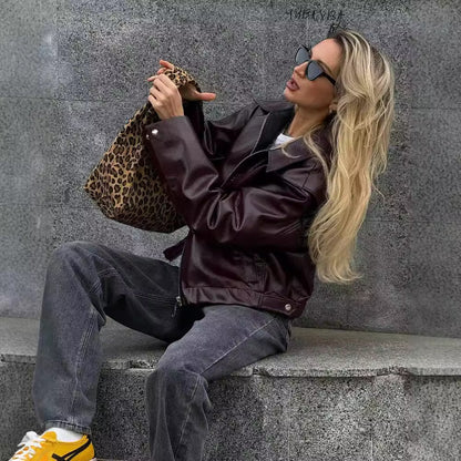 Zipper Lapel Faux Leather Jacket – Women's Casual Street Fashion Long Sleeve Top