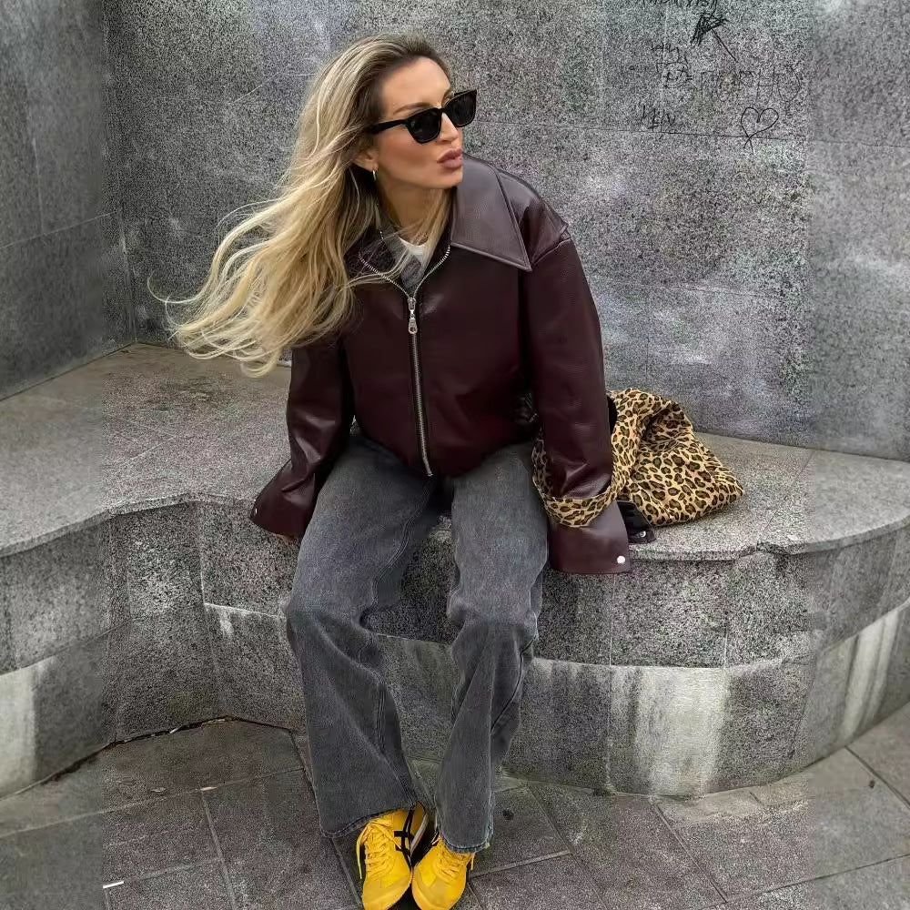 Zipper Lapel Faux Leather Jacket – Women's Casual Street Fashion Long Sleeve Top