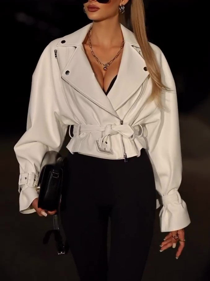 Chic Solid Color Leather Cropped Jacket – Women's Elegant Casual Street Style