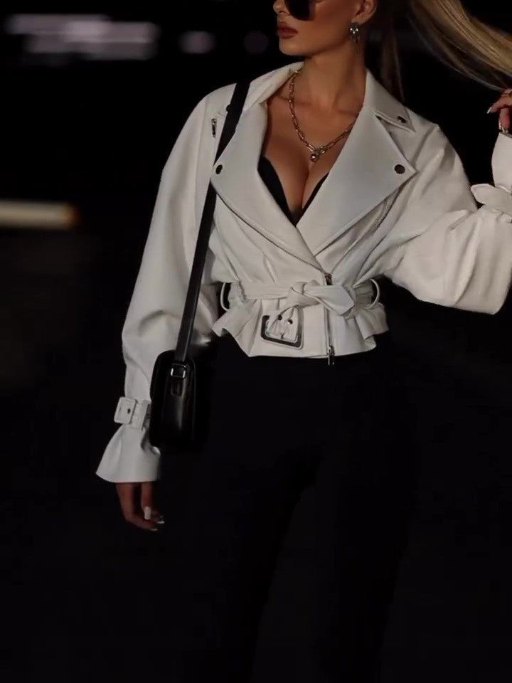 Chic Solid Color Leather Cropped Jacket – Women's Elegant Casual Street Style