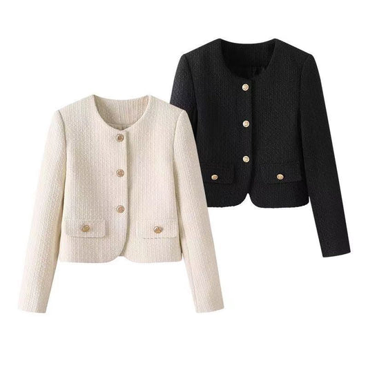 Retro French Style Crew Neck Coat – Women's Elegant Casual Ribbon Detail Jacket