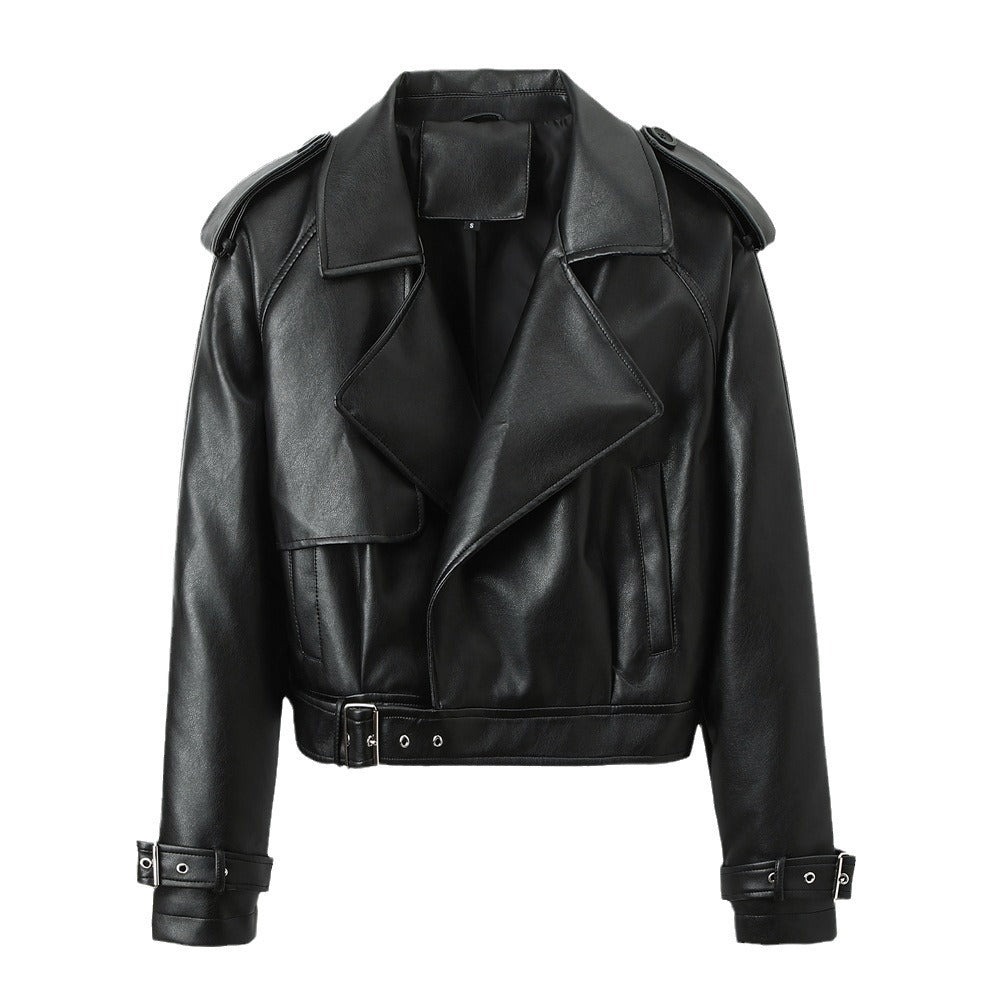 Belted Loose Fit PU Leather Jacket – Women's Casual Street Style Outerwear