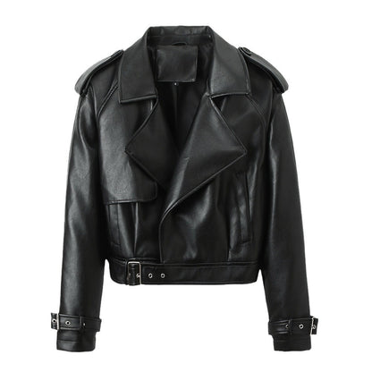 Belted Loose Fit PU Leather Jacket – Women's Casual Street Style Outerwear