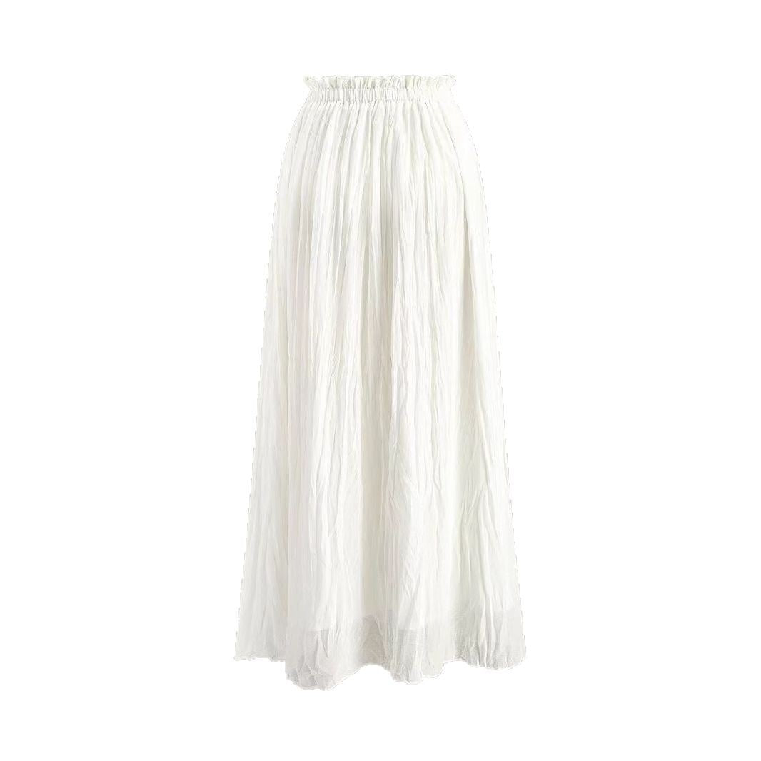 White Pleated Elastic Waist Skirt