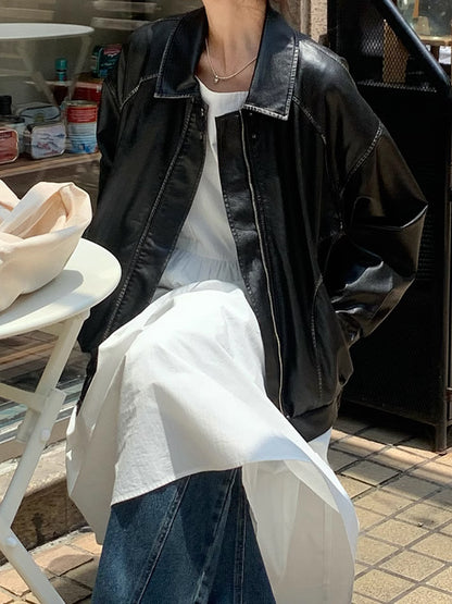 Vintage Brushed PU Leather Jacket – Women's Loose Fit Retro Streetwear