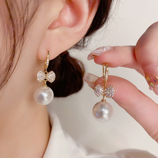 Zircon Bow Pearl Drop Earrings