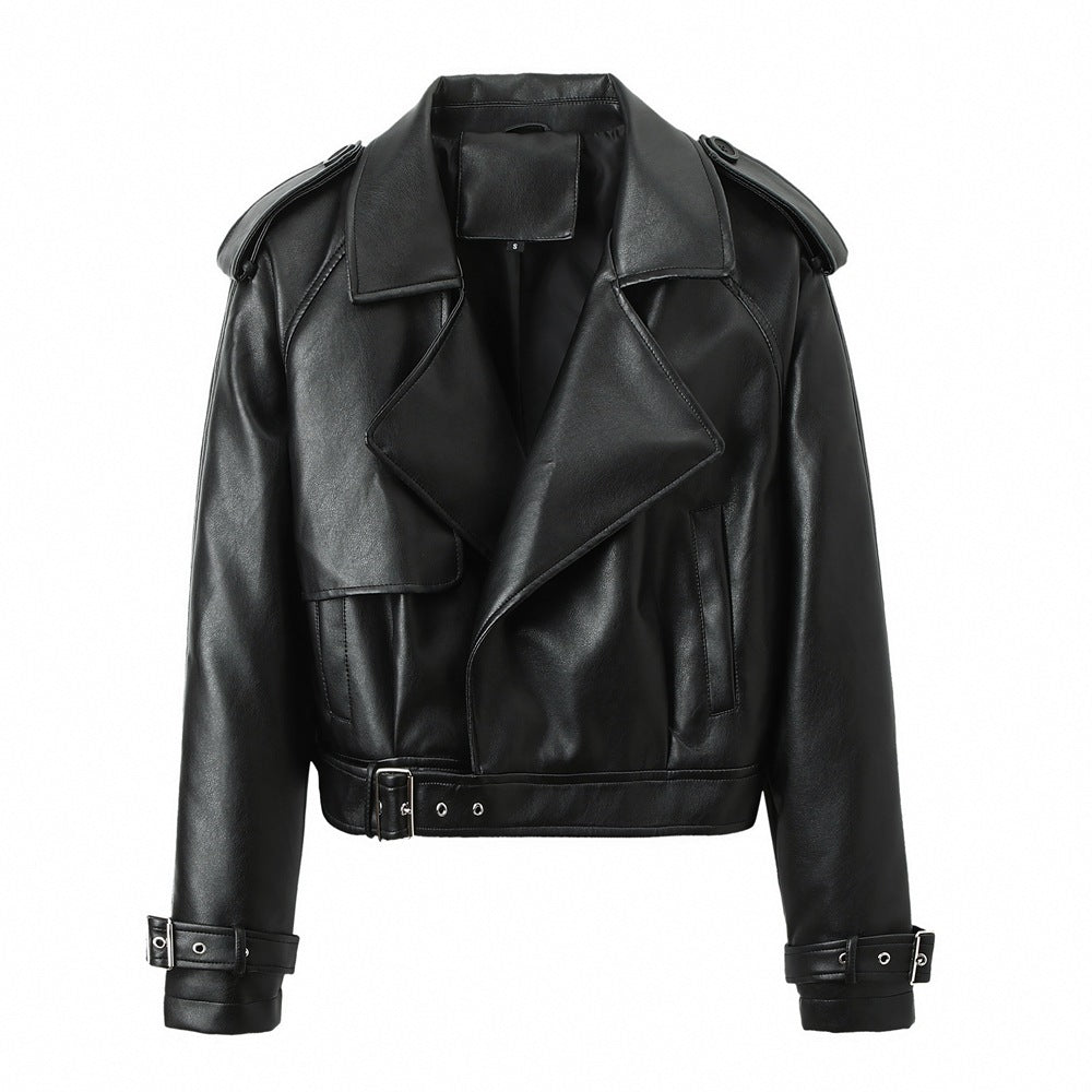 Belted Loose Fit PU Leather Jacket – Women's Casual Street Style Outerwear
