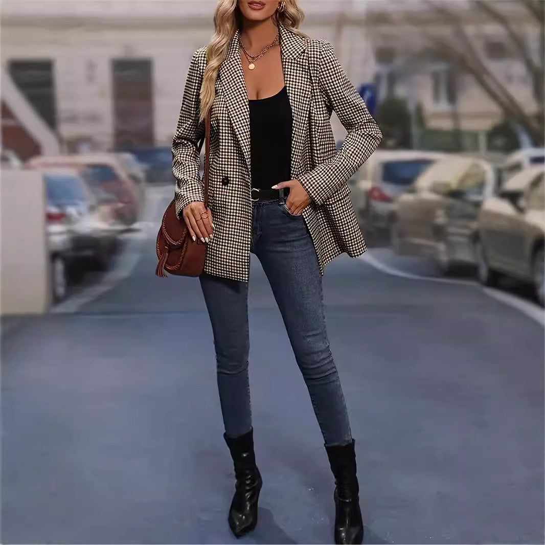 Plaid Single-Button Long Coat – Women's Elegant Checkered Outerwear