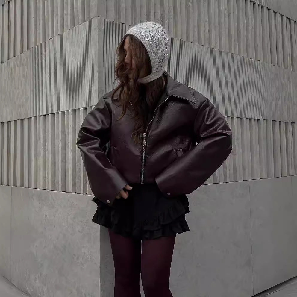 Zipper Lapel Faux Leather Jacket – Women's Casual Street Fashion Long Sleeve Top