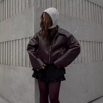 Zipper Lapel Faux Leather Jacket – Women's Casual Street Fashion Long Sleeve Top