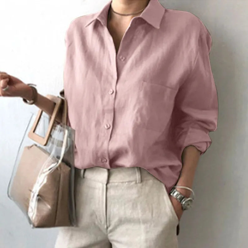 Relaxed Fit Cotton Linen Shirt – Women's Minimalist Solid Color Top