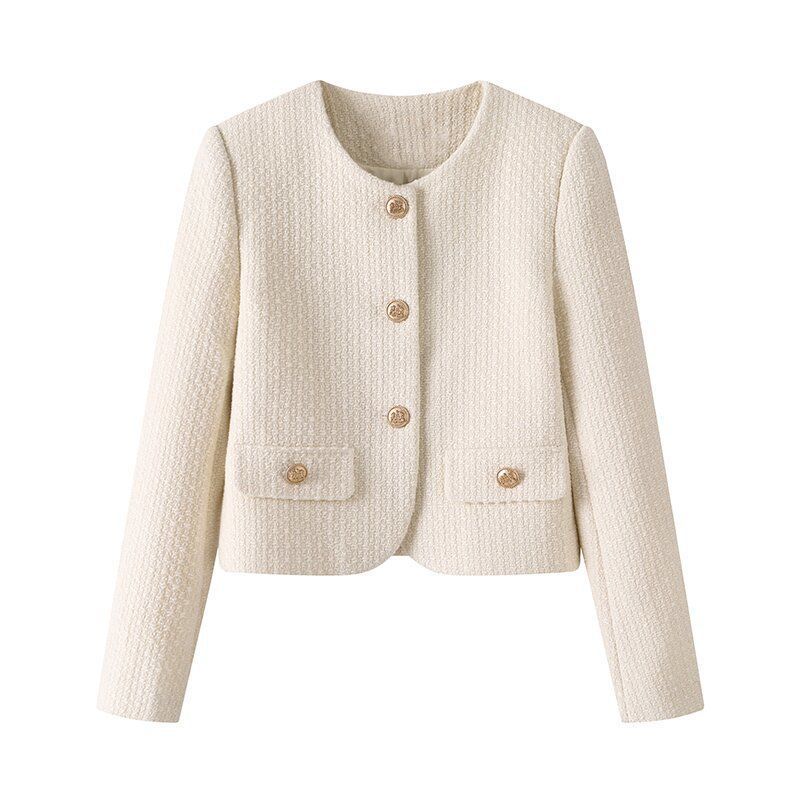 Retro French Style Crew Neck Coat – Women's Elegant Casual Ribbon Detail Jacket