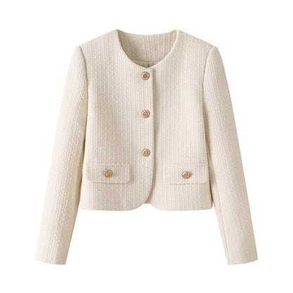 Retro French Style Crew Neck Coat – Women's Elegant Casual Ribbon Detail Jacket