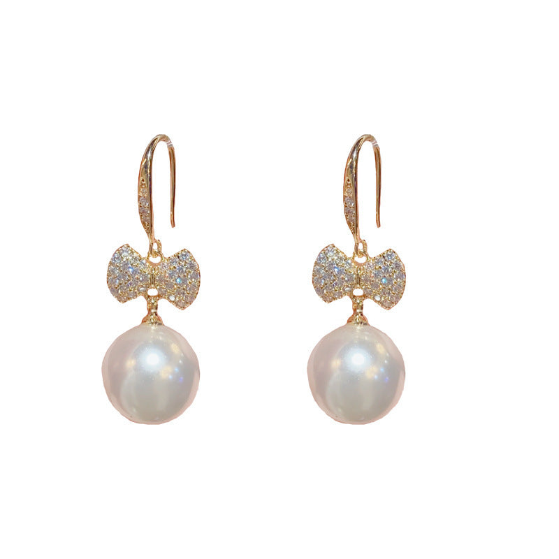 Zircon Bow Pearl Drop Earrings