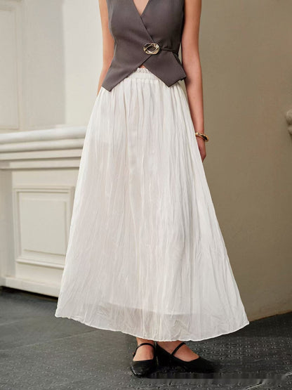 White Pleated Elastic Waist Skirt