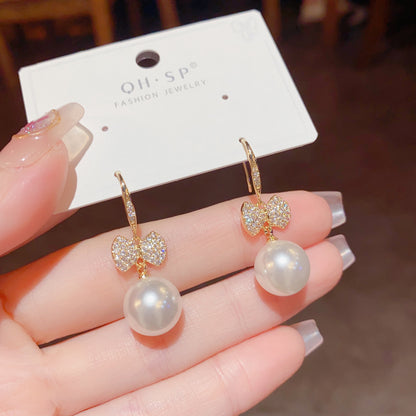 Zircon Bow Pearl Drop Earrings