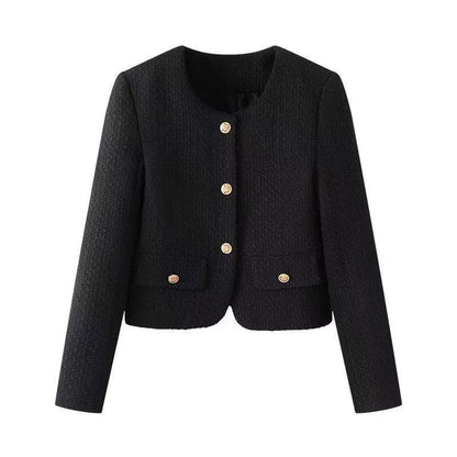 Retro French Style Crew Neck Coat – Women's Elegant Casual Ribbon Detail Jacket