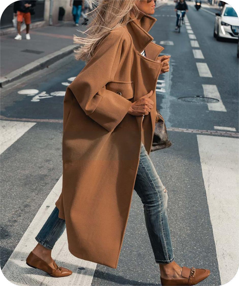 Ultra-long Loose Woolen Coat – Women's Street Casual Double Pocket Jacket