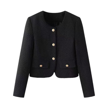 Retro French Style Crew Neck Coat – Women's Elegant Casual Ribbon Detail Jacket