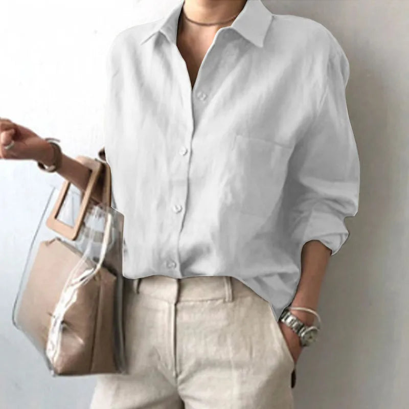 Relaxed Fit Cotton Linen Shirt – Women's Minimalist Solid Color Top