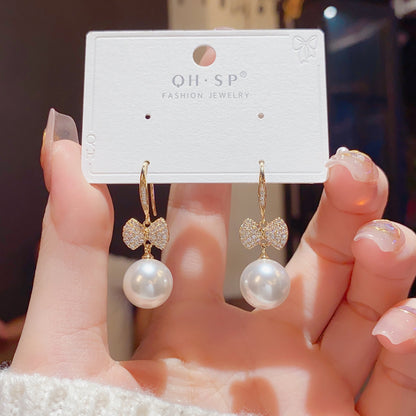 Zircon Bow Pearl Drop Earrings